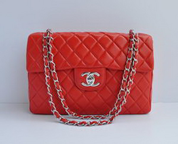 7A Replica Chanel Maxi Red Lambskin Leather with Silver Hardware Flap Bags